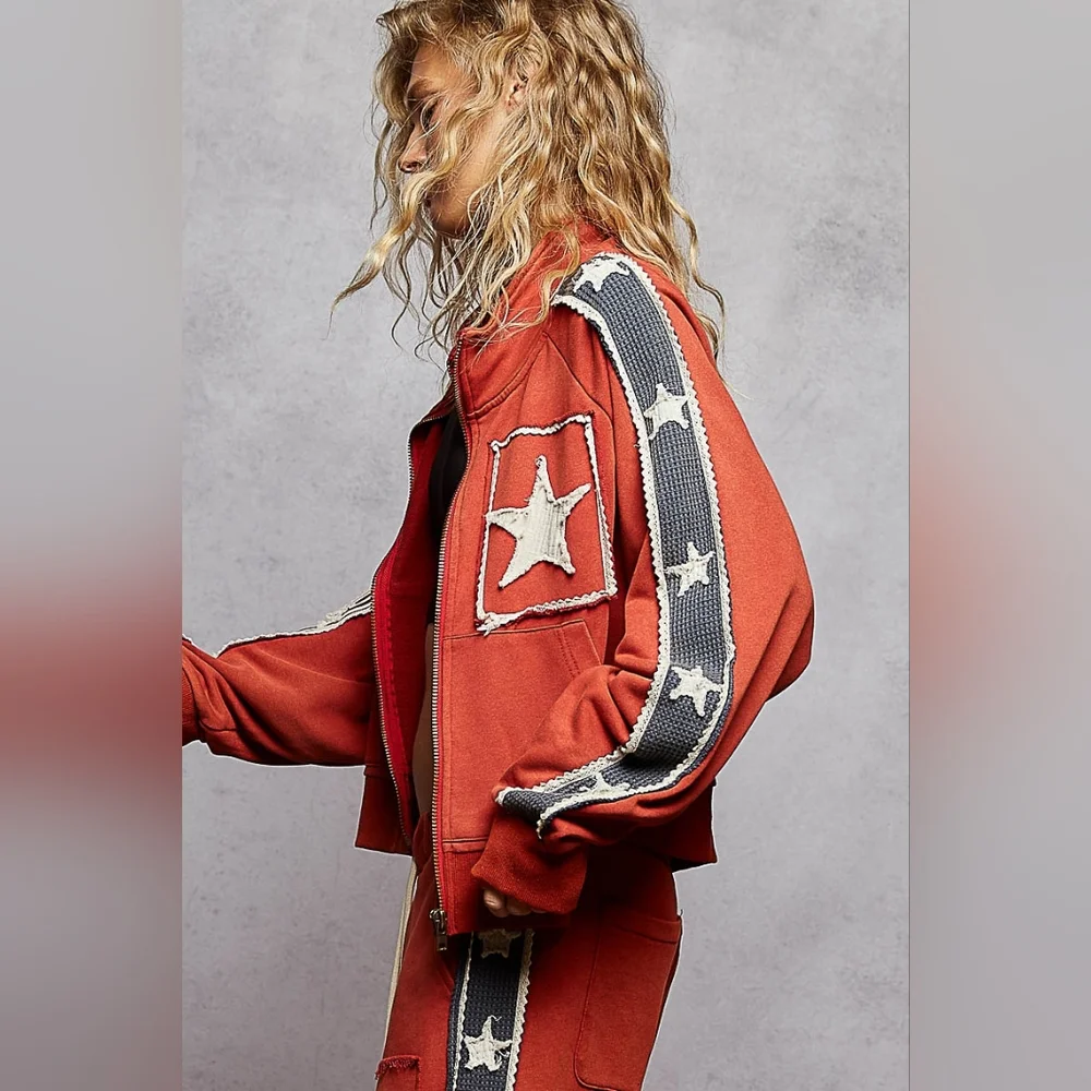 ​POL Star Patchwork Track Suit Set - Rust Red Orange Zip Jacket & Wide Leg - Picture 10 of 12